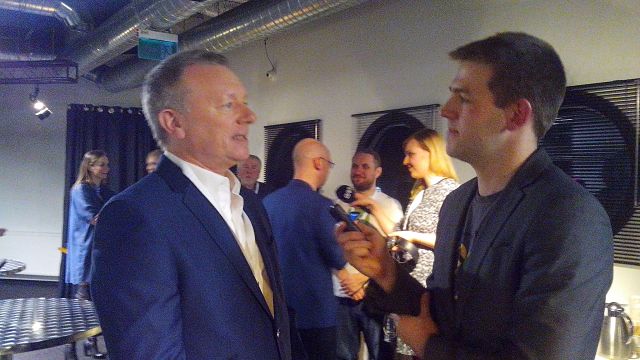 Jon Ola Sand being interviewed by Ben Robertson backstage at Eesti Laul 2016 (Photo: Alison Wren)